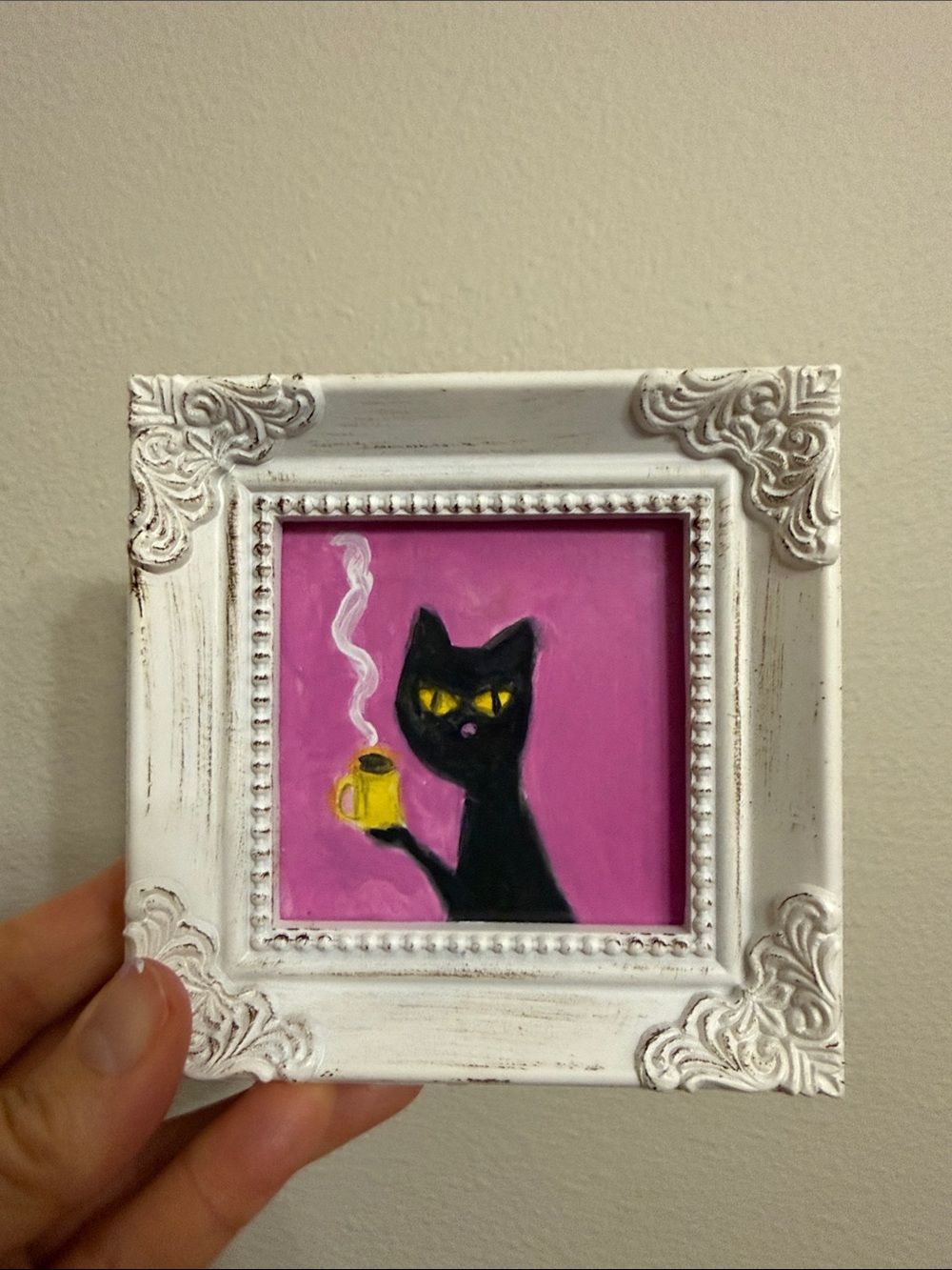 Hand-Painted Black Cat Mini Canvas with White Ornate Frame - Pink Background - Picture 2 of 3